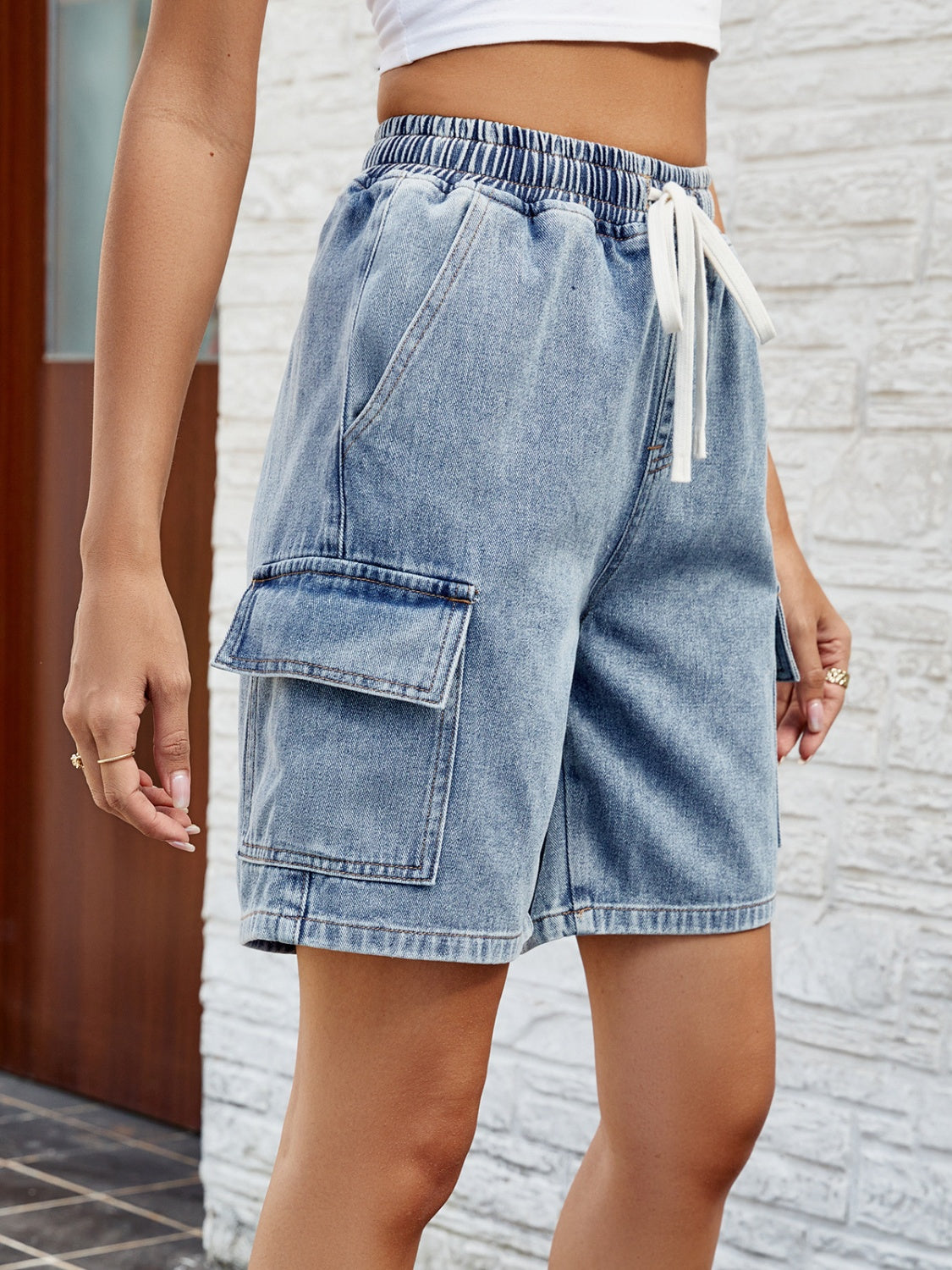 Drawstring Denim Shorts with Pockets - FASHIONNOUVELLE