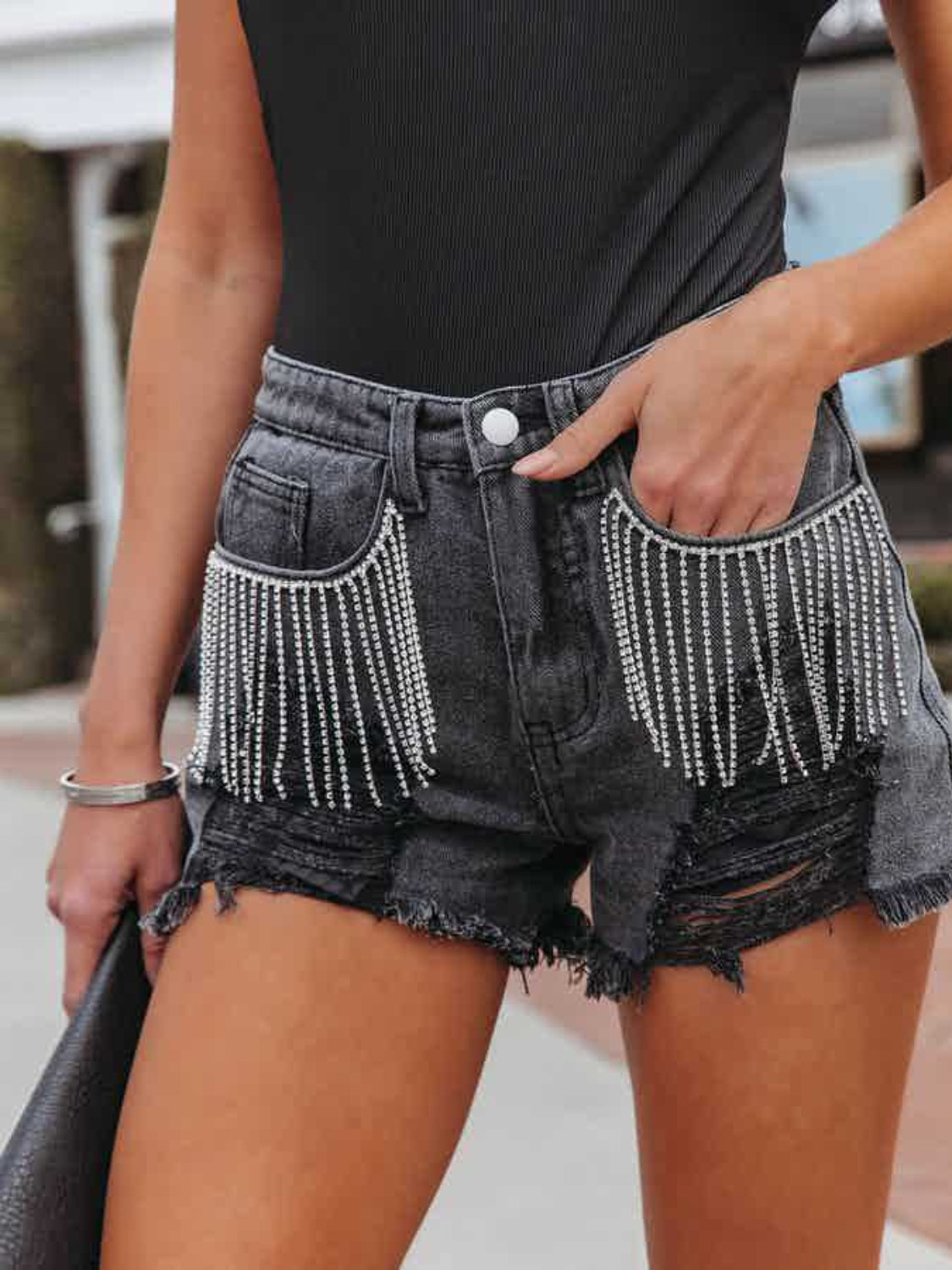 Distressed Fringe Denim Shorts with Pockets - FASHIONNOUVELLE