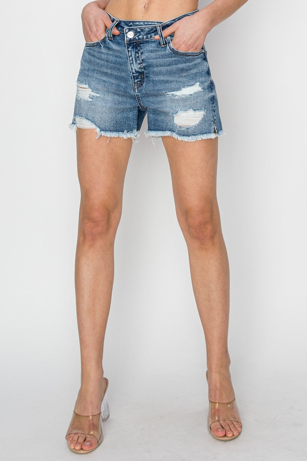 RISEN Stepped Waist Frayed Denim Shorts - FASHIONNOUVELLE