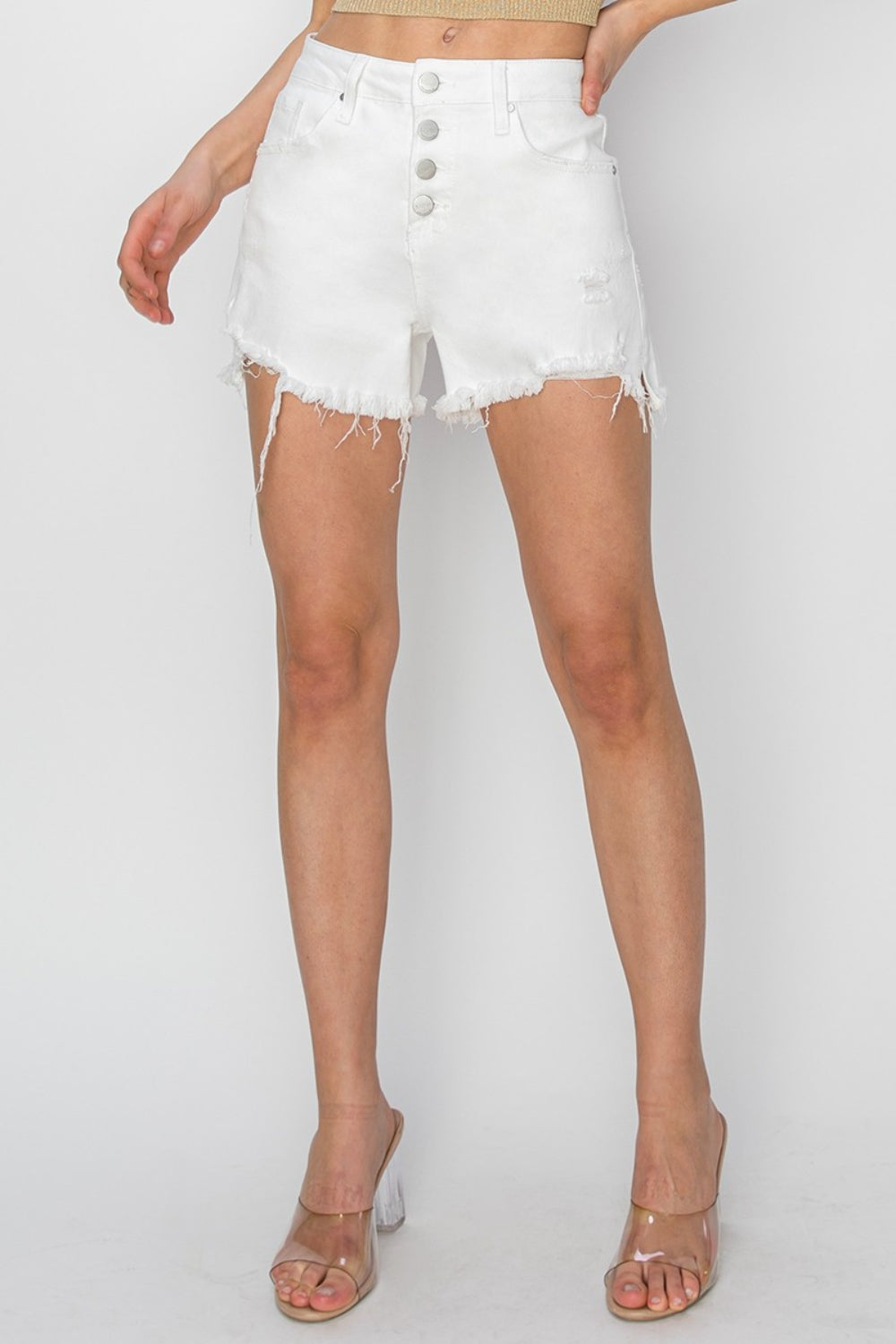 RISEN Button Fly Frayed Hem Denim Shorts - FASHIONNOUVELLE