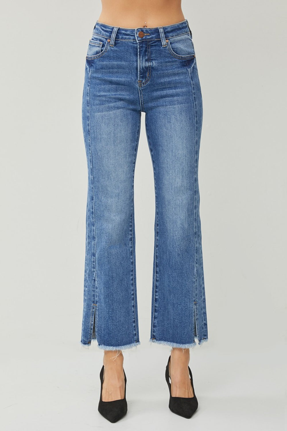 RISEN High Waist Raw Hem Slit Straight Jeans - FASHIONNOUVELLE