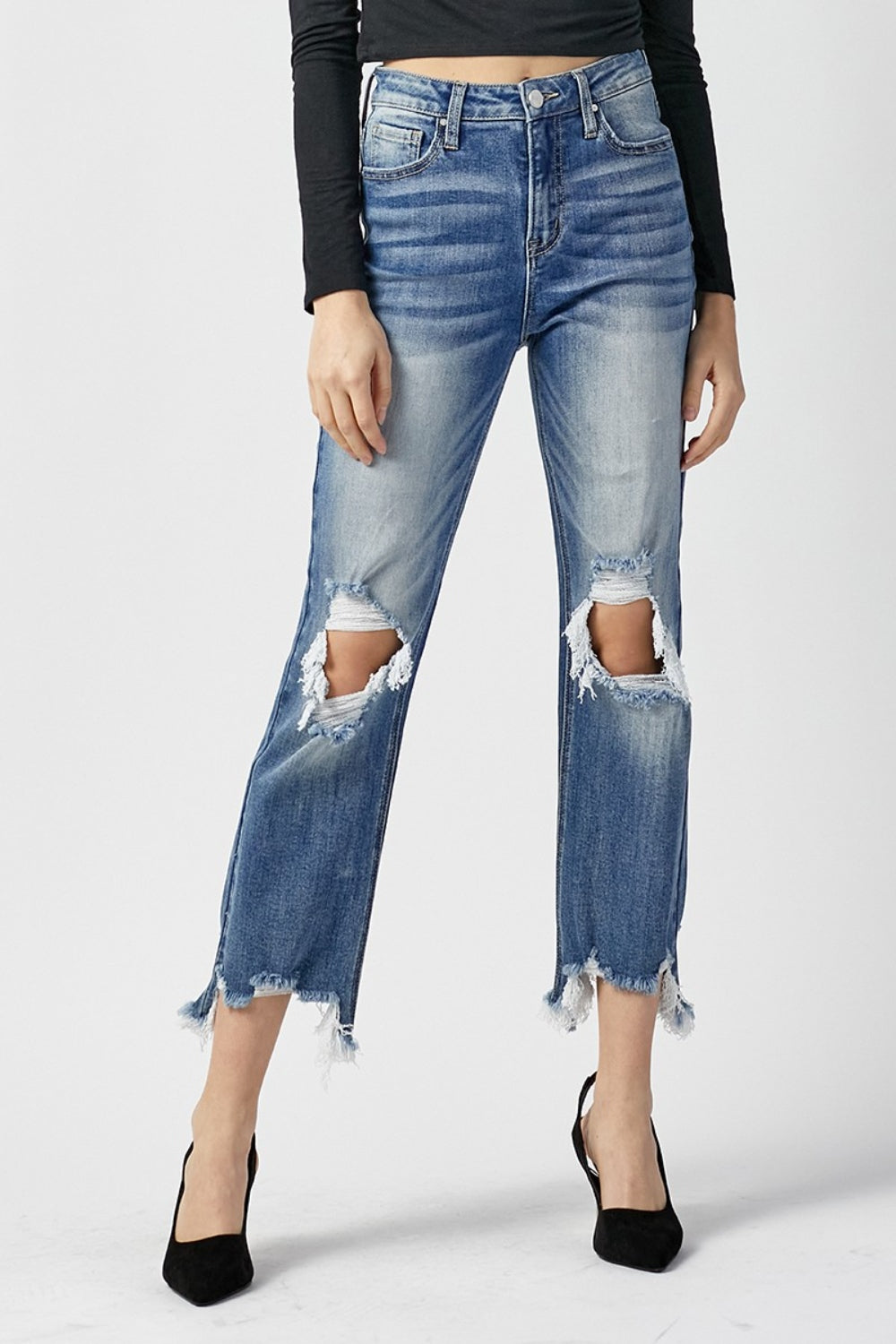 RISEN High Waist Distressed Frayed Hem Cropped Straight Jeans - FASHIONNOUVELLE