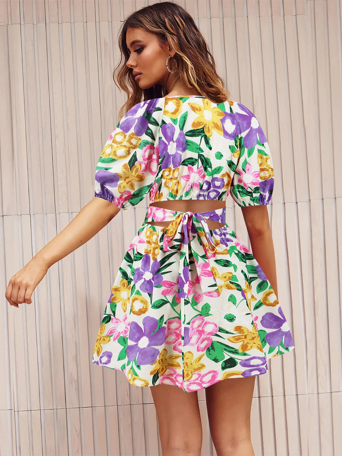 Printed Surplice Short Sleeve Dress - FASHIONNOUVELLE