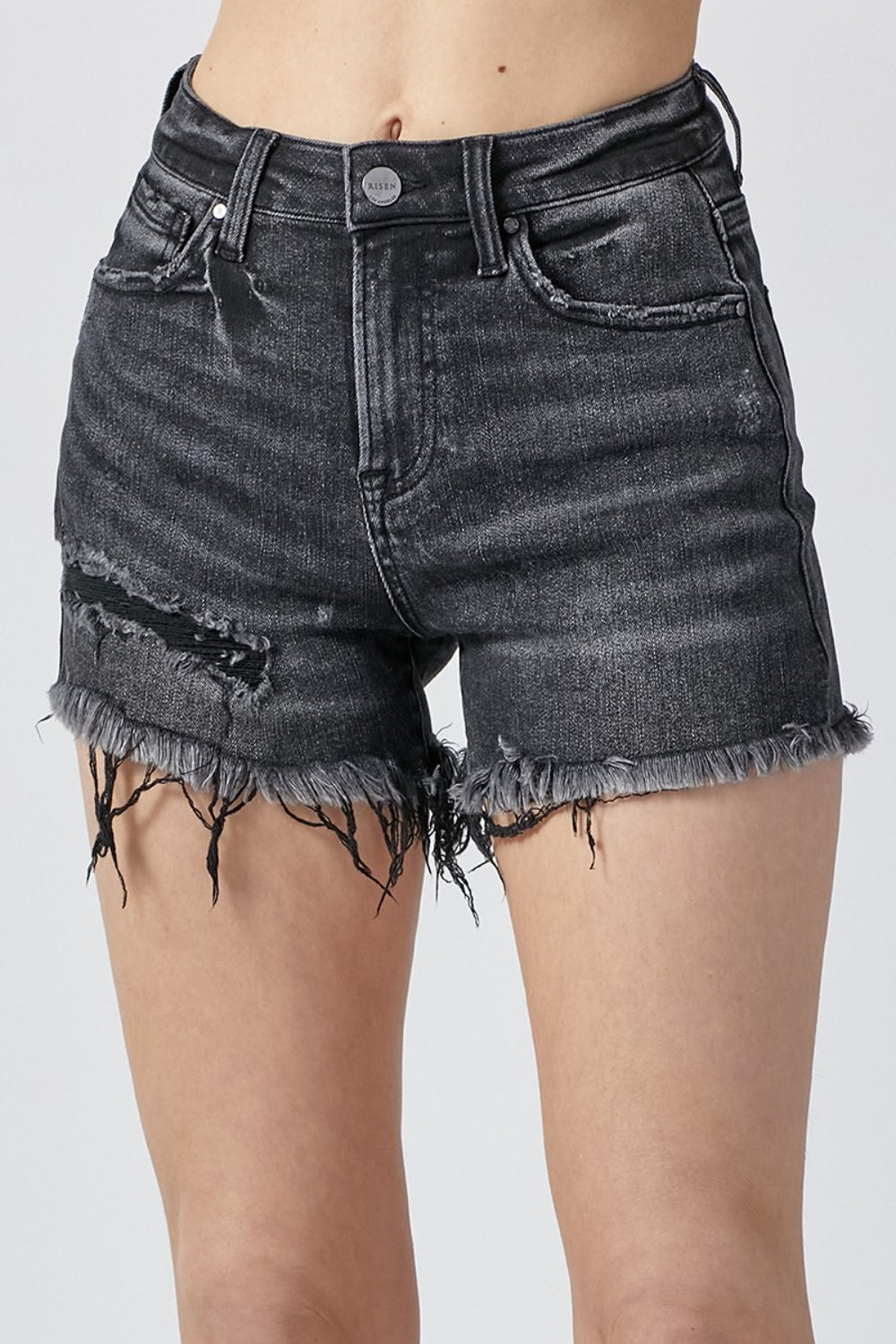 RISEN Raw Hem Denim Shorts with Pockets - FASHIONNOUVELLE