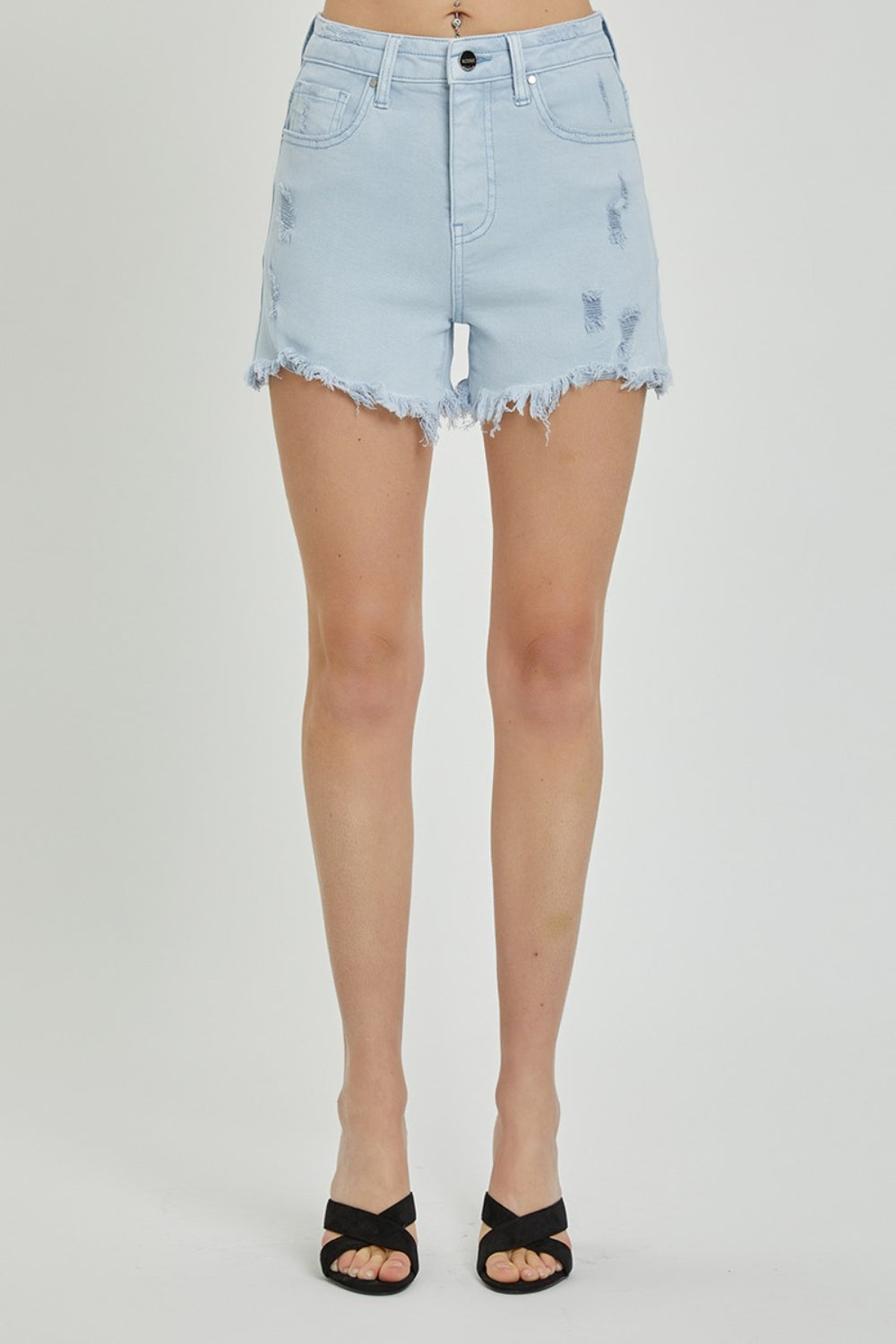 RISEN Full Size High Rise Distressed Detail Denim Shorts - FASHIONNOUVELLE