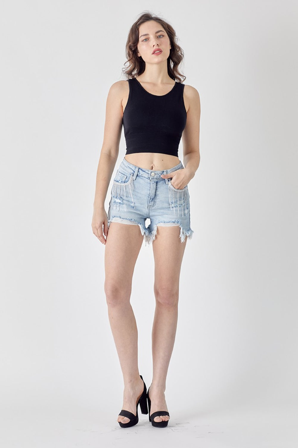 RISEN Frayed Hem Denim Shorts with Fringe Detail Pockets - FASHIONNOUVELLE