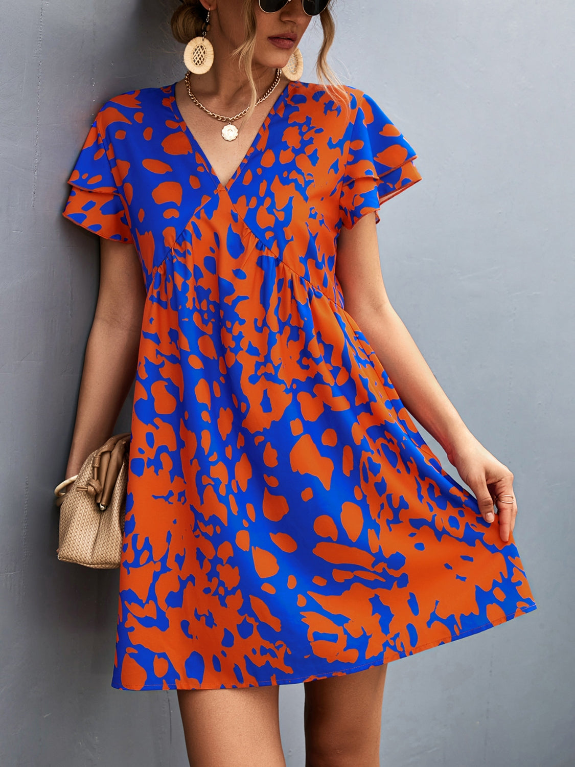 Ruffled Printed V-Neck Short Sleeve Mini Dress - FASHIONNOUVELLE