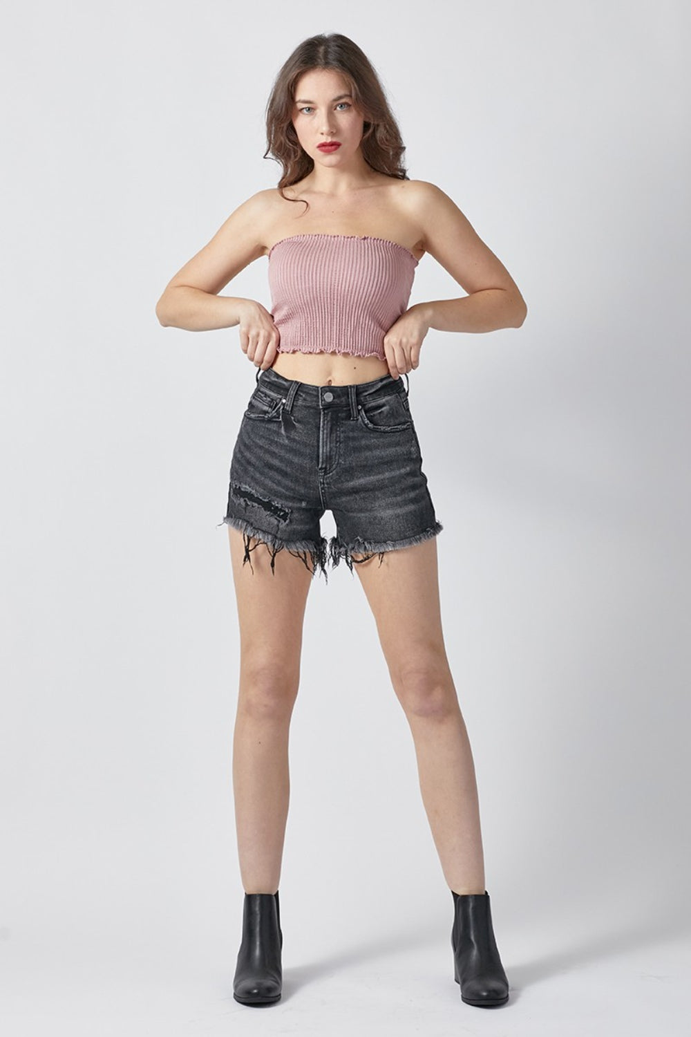 RISEN Raw Hem Denim Shorts with Pockets - FASHIONNOUVELLE