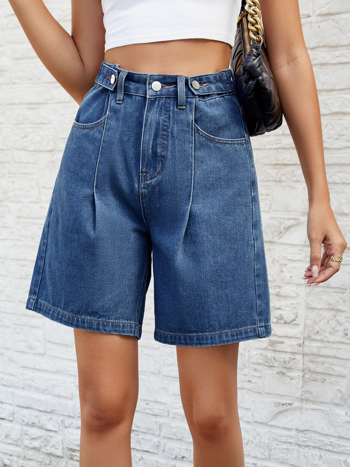 High Waist Denim Shorts with Pockets - FASHIONNOUVELLE