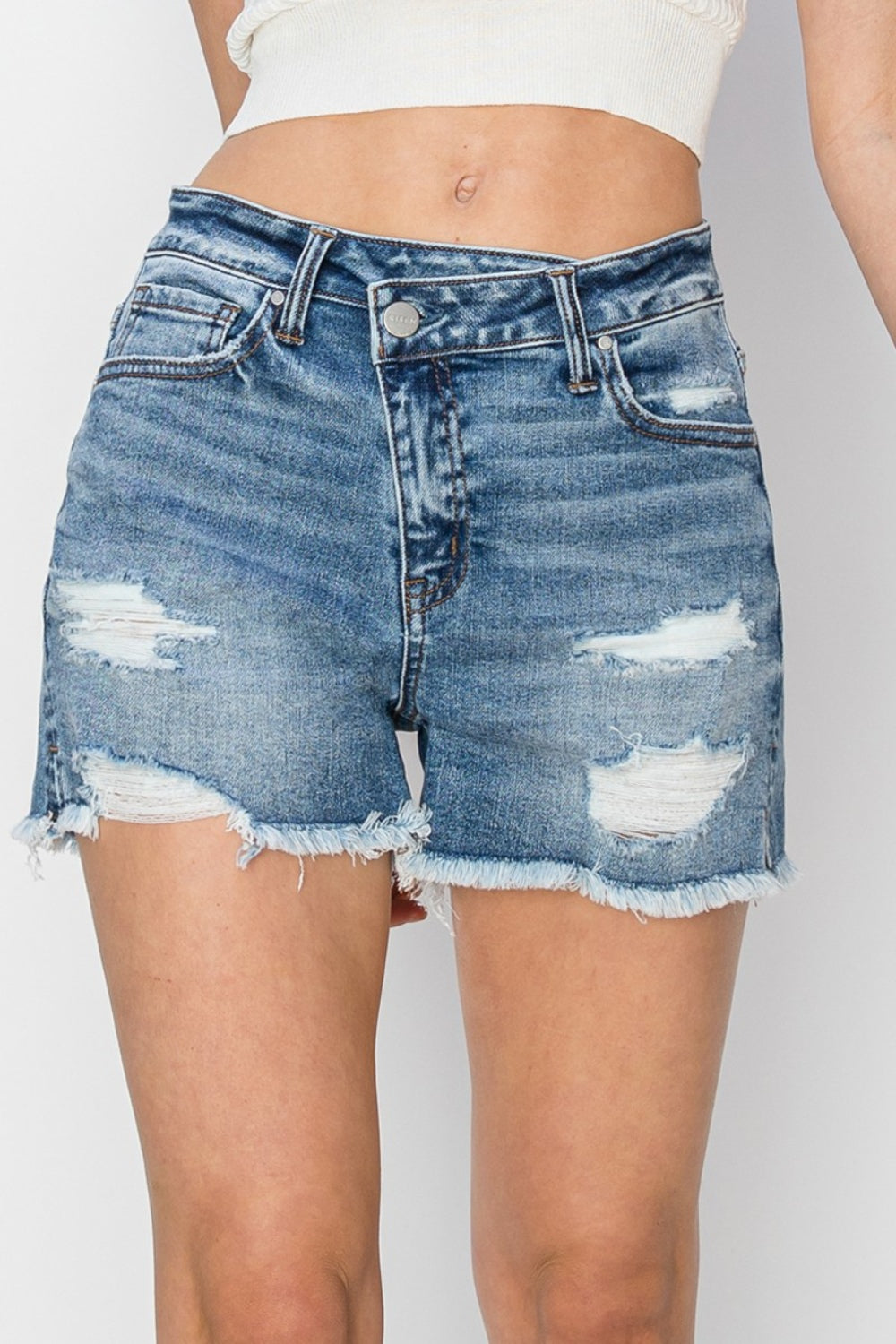 RISEN Stepped Waist Frayed Denim Shorts - FASHIONNOUVELLE