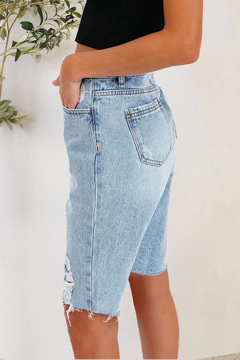 Distressed Pocketed Denim Shorts - FASHIONNOUVELLE