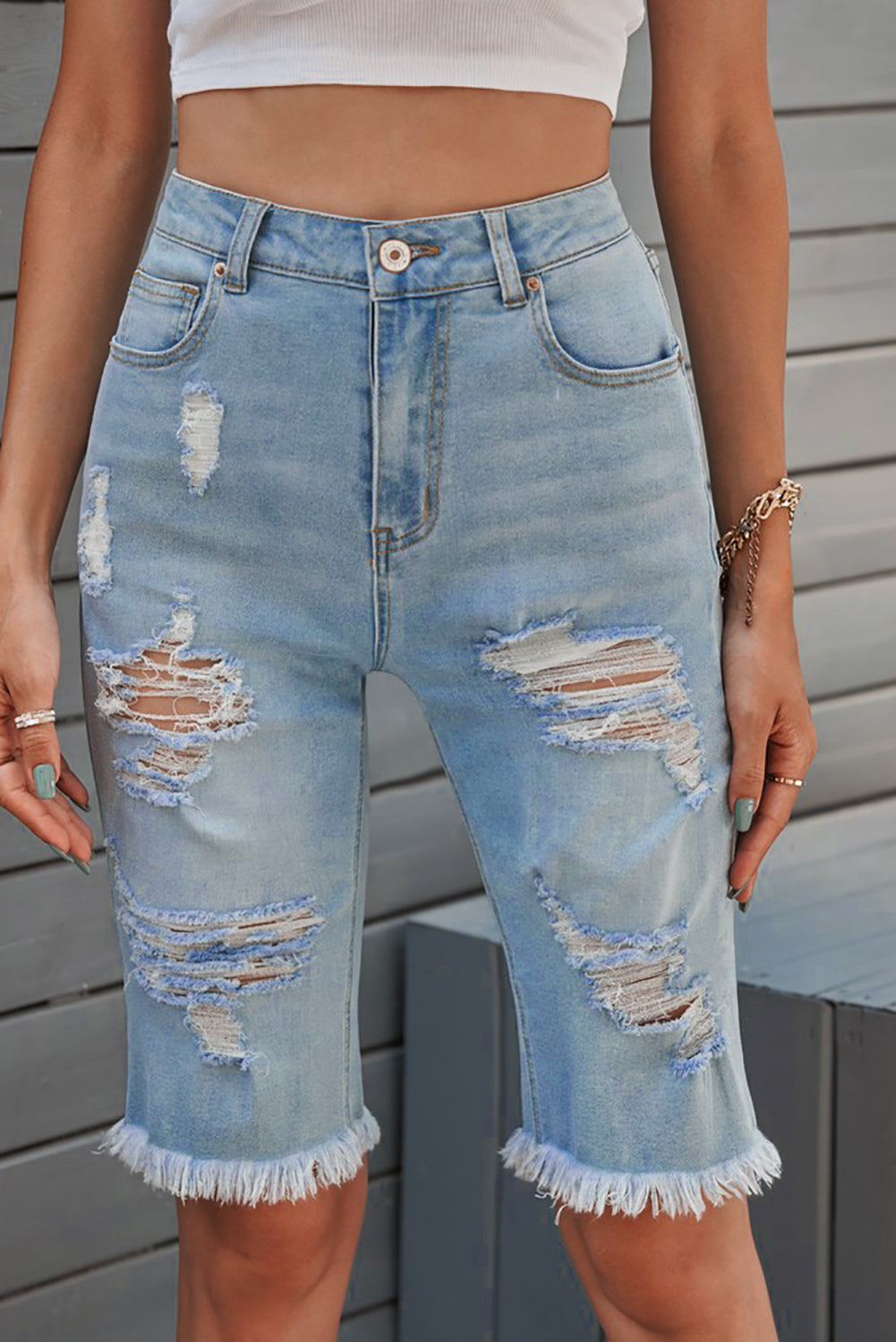 Distressed Raw Hem Denim Bermuda Shorts - FASHIONNOUVELLE