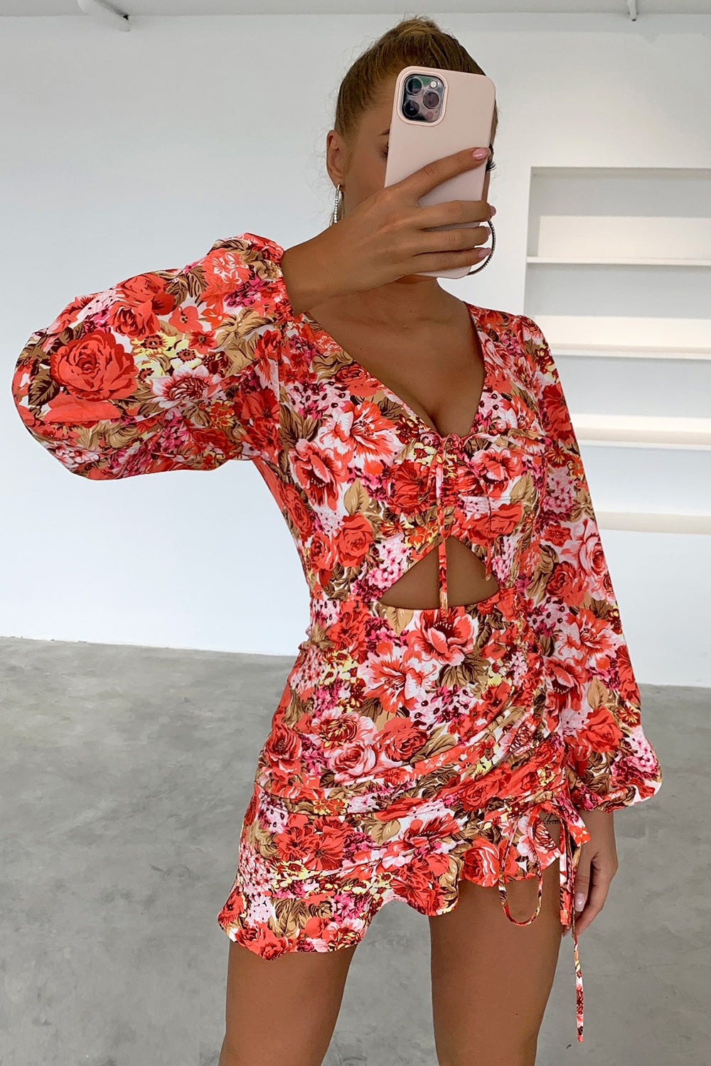 Floral Cutout Long Sleeve Mini Dress - FASHIONNOUVELLE