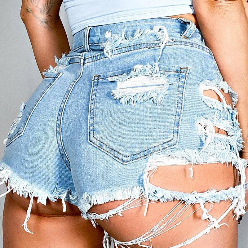 Asymmetrical Distressed Denim Shorts - FASHIONNOUVELLE