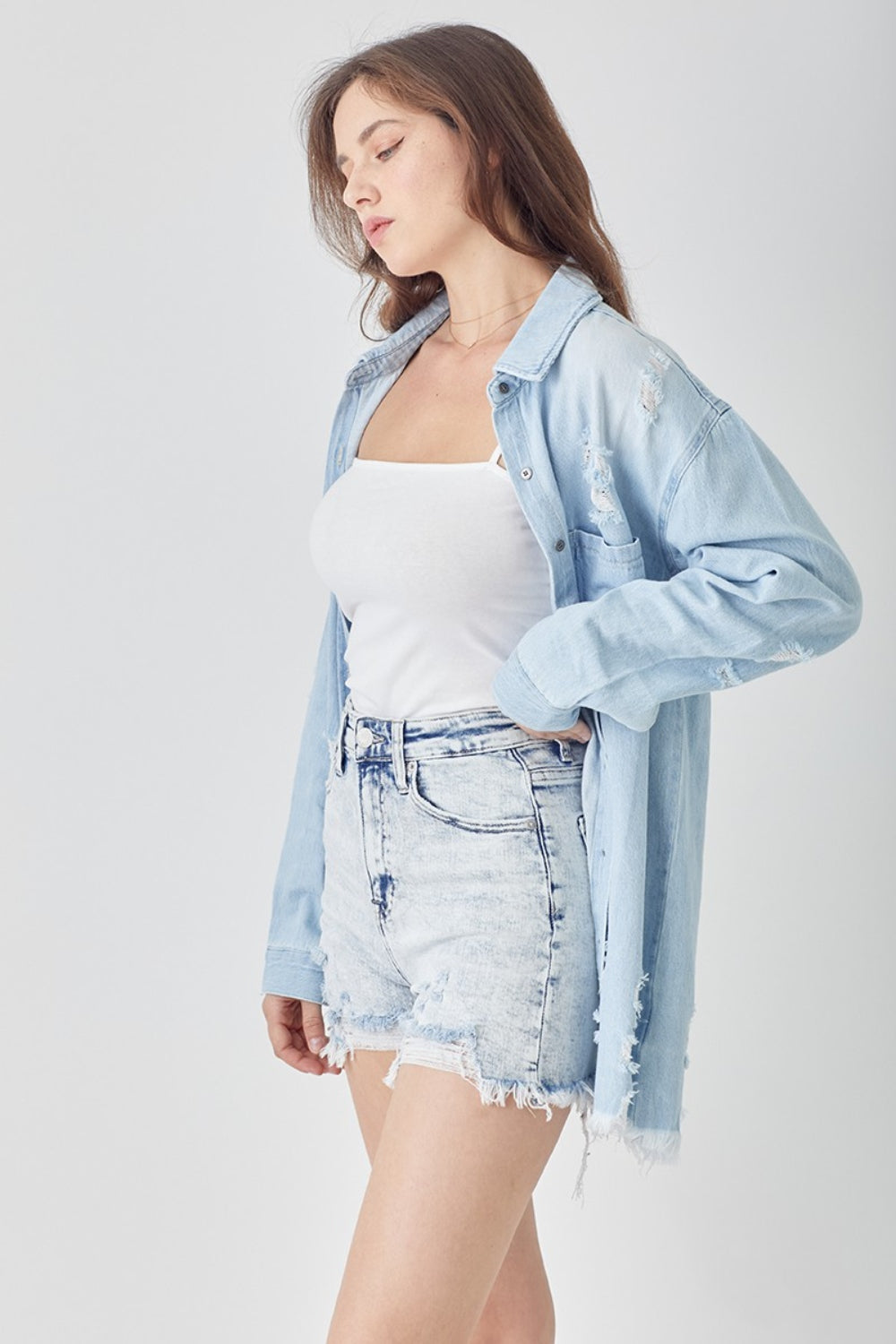 RISEN Raw Hem Distressed High Rise Denim Shorts - FASHIONNOUVELLE